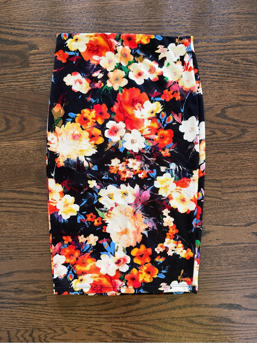 Tobi Black Pencil Skirt with Bright Orange, Red, White & Cream Floral Print
